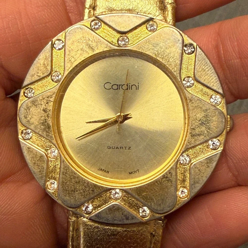 Cardini Vintage Gold Tone Rhinestone Star Quartz Watch Metallic Strap Works